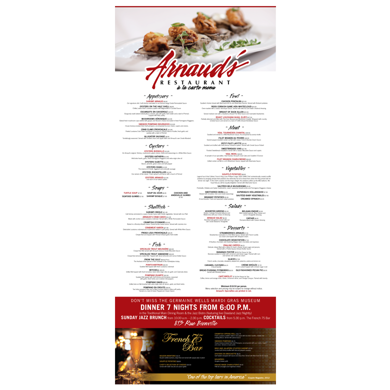 New Orleans Printed Marketing Collateral - Arnaud's Restaurant Menus