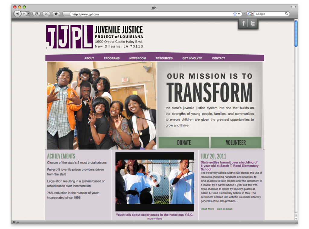 Website Design and Development - Juvenile Justice Project of LA Home Page