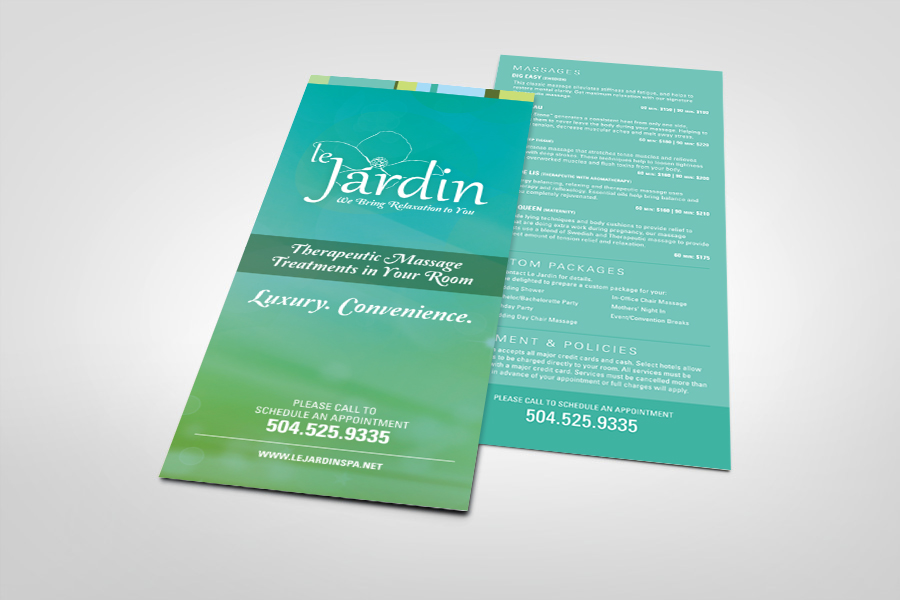 Custom Marketing Collateral - Rack Card Design Le Jardin 1