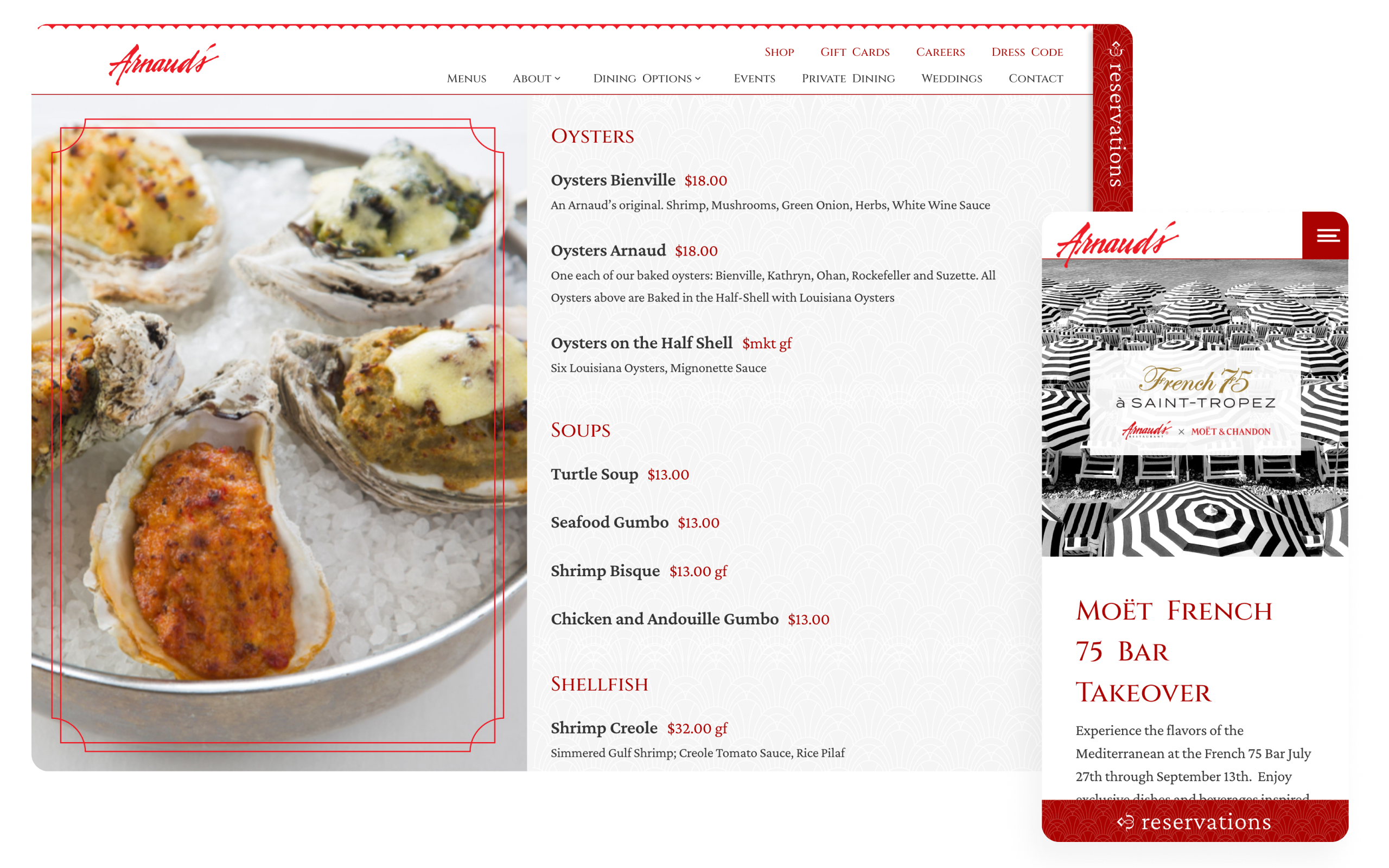 Arnaud's Restaurant website featuring menus and dining experiences