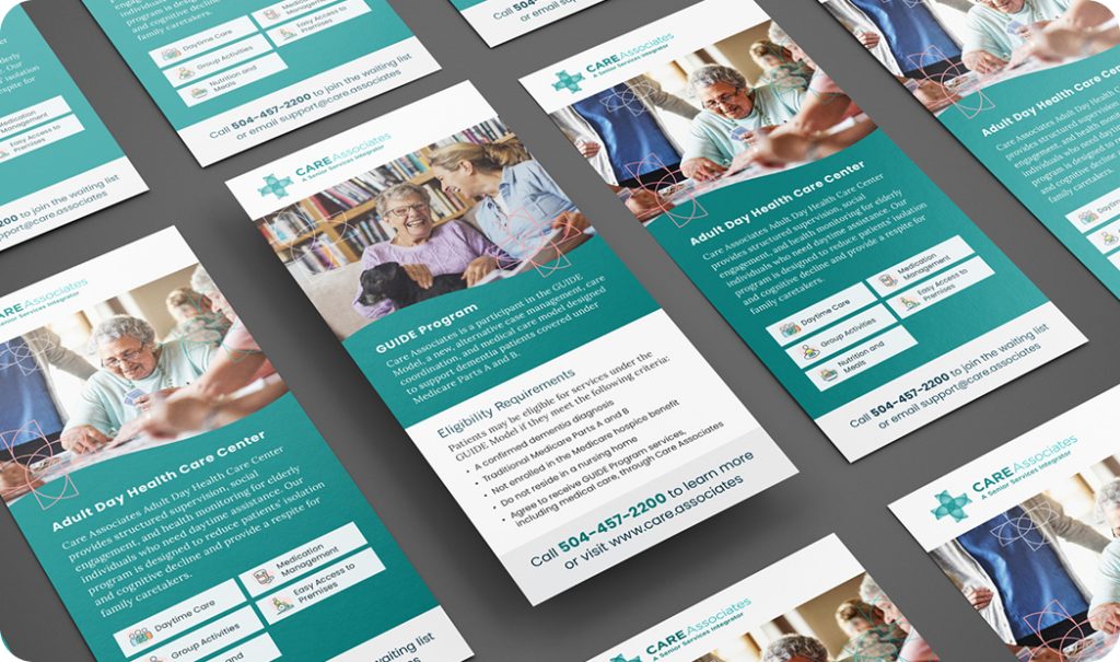 Care Associates printed marketing collateral featuring senior care photography