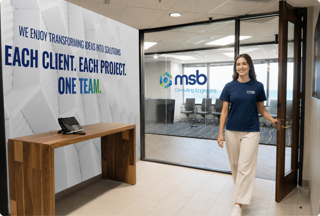 MSB office interior with branded wall graphics and signage